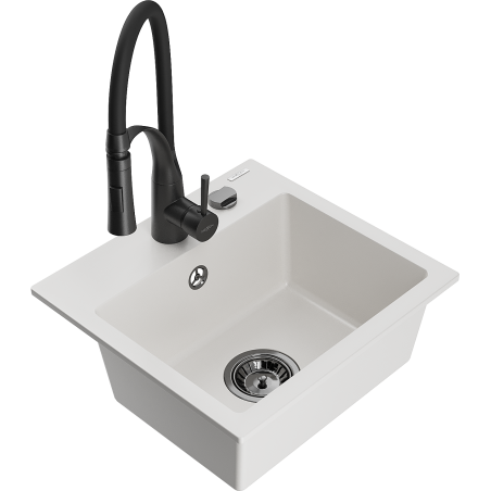 Mexen Milo évier en granit 1 cuve avec robinet de cuisine Aster, blanc - 6505-20-73450-70-B