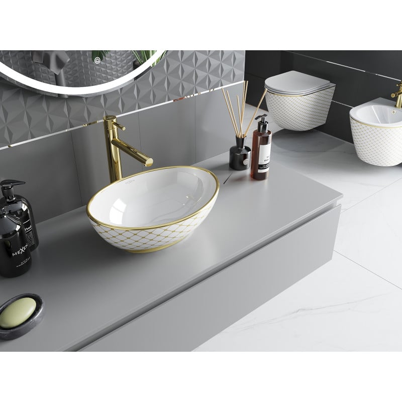 Mexen Elza lavabo à poser 40 x 33 cm, blanc/or motif carreaux - 21014009
