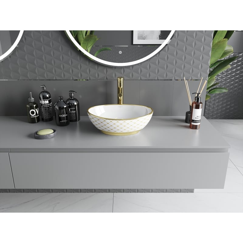 Mexen Elza lavabo à poser 40 x 33 cm, blanc/doré motif quadrillage - 21014009