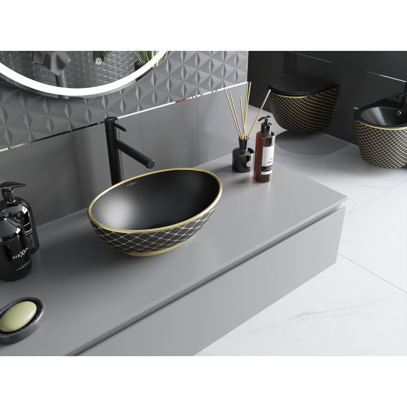 Mexen Elza lavabo à poser 40 x 33 cm, noir mat/motif treillis doré - 21014029