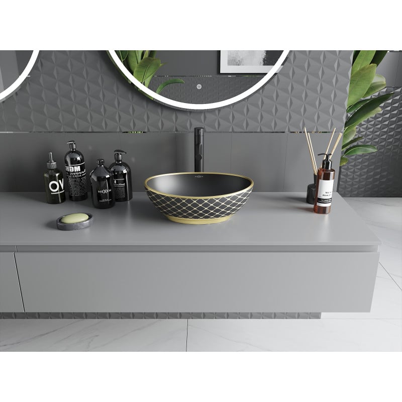 Mexen Elza lavabo à poser 40 x 33 cm, noir mat/motif treillis doré - 21014029