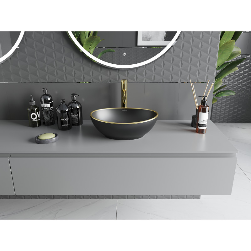 Mexen Elza lavabo à poser 40 x 33 cm, noir mat/or bord doré - 21014025