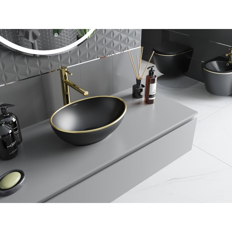 Mexen Elza lavabo à poser 40 x 33 cm, noir mat/or bord doré - 21014025
