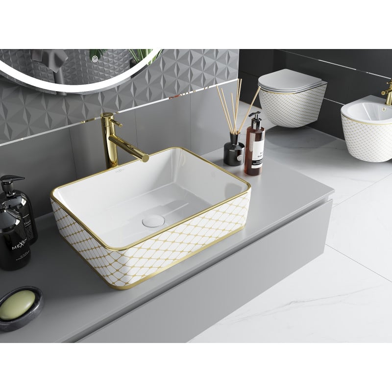 Mexen Catia lavabo à poser 48 x 37 cm, blanc/or motif à carreaux - 21314809