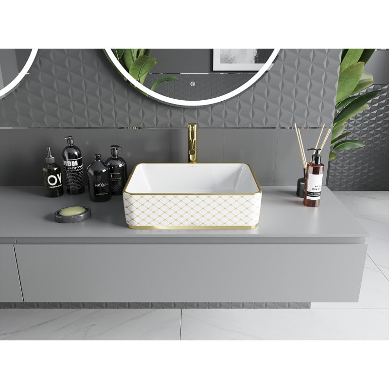 Mexen Catia lavabo à poser 48 x 37 cm, blanc/or motif à carreaux - 21314809
