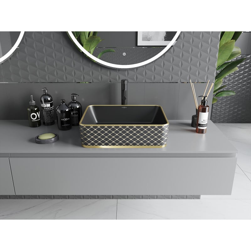 Mexen Catia lavabo à poser 48 x 37 cm, noir mat/motif à carreaux doré - 21314879