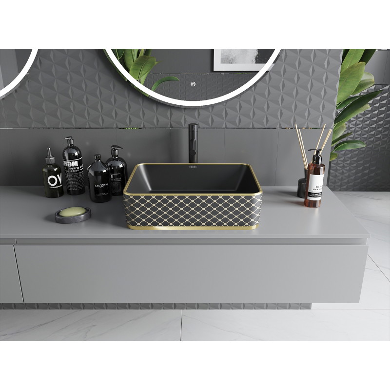 Mexen Catia lavabo sur plan 48 x 37 cm, noir mat/motif grille doré - 21314879