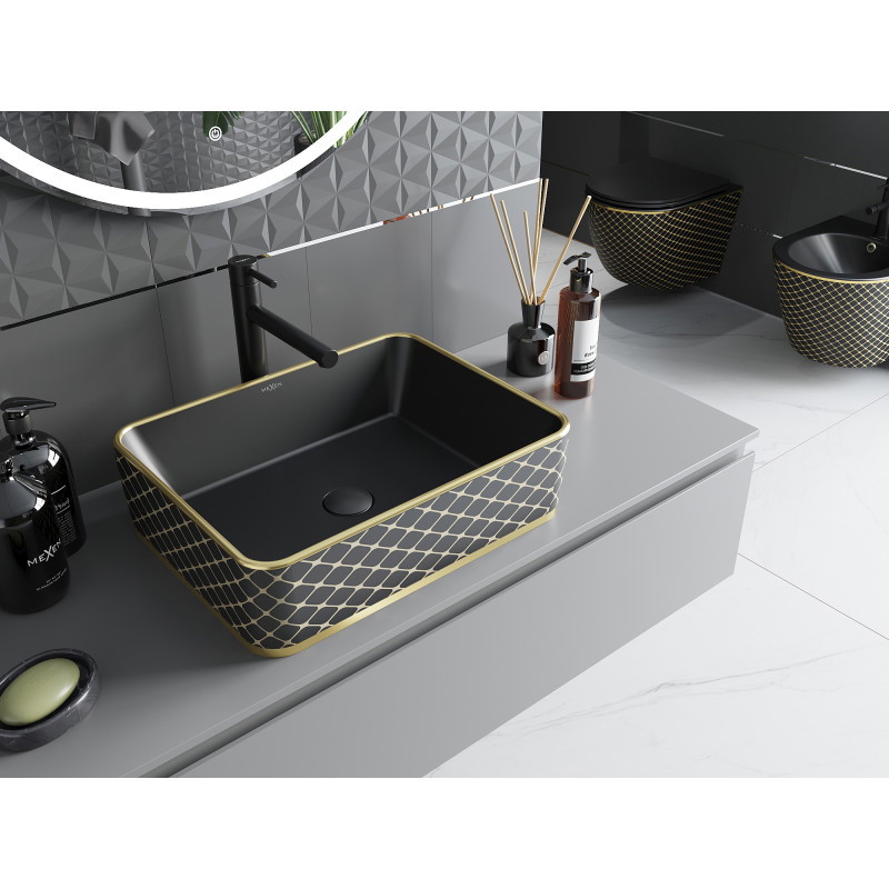 Mexen Catia lavabo à poser 48 x 37 cm, noir mat/motif à carreaux doré - 21314879