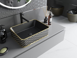 Mexen Catia lavabo sur plan 48 x 37 cm, noir mat/doré motif à carreaux - 21314879