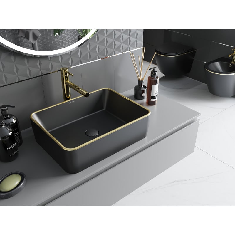 Mexen Catia lavabo à poser 48 x 37 cm, noir mat/bord doré - 21314875