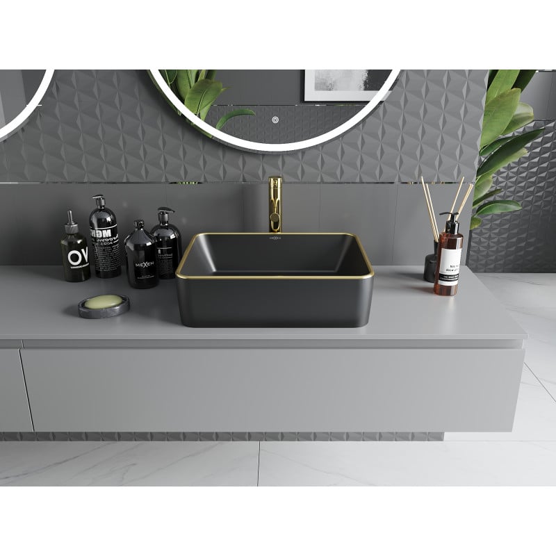 Mexen Catia lavabo à poser 48 x 37 cm, noir mat/bord doré - 21314875