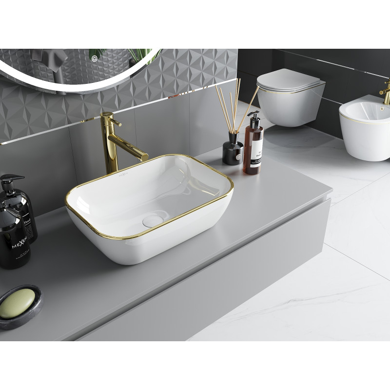 Mexen Rita lavabo à poser 45 x 32 cm, bord blanc/or - 21084505