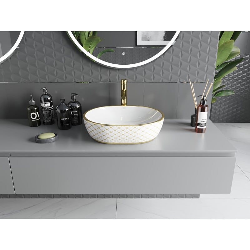 Mexen Viki lavabo à poser 48 x 35 cm, blanc/or motif carreaux - 21054809