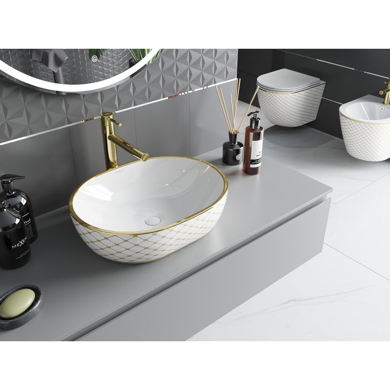 Mexen Viki lavabo à poser 48 x 35 cm, blanc/or motif carreaux - 21054809
