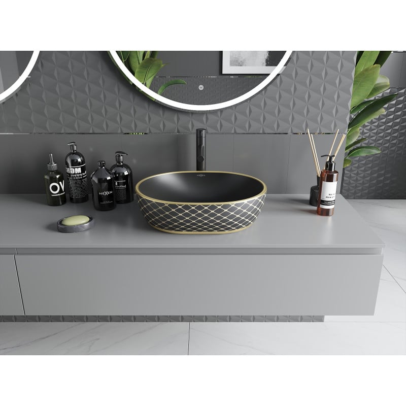 Mexen Viki lavabo sur plan 48 x 35 cm, noir mat/or motif carreaux - 21054879