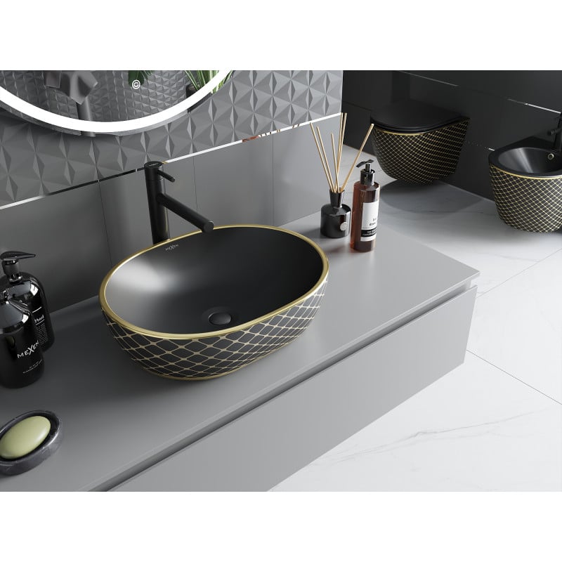 Mexen Viki lavabo sur plan 48 x 35 cm, noir mat/or motif carreaux - 21054879