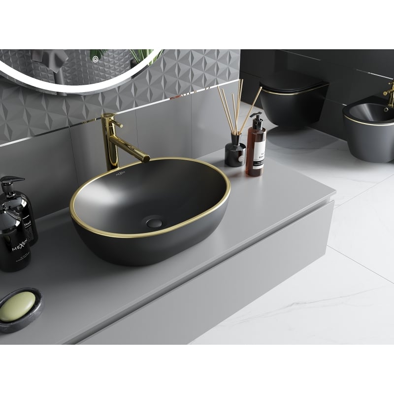 Mexen Viki lavabo vasque 48 x 35 cm, noir mat/bord doré - 21054875