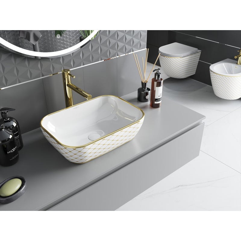 Mexen Rita lavabo à poser 45 x 32 cm, blanc/or motif à carreaux - 21084509