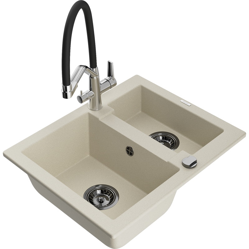 Mexen Carlos évier en granit 1,5 bac avec robinet de cuisine Duo, beige - 6518-69-671701-07-B