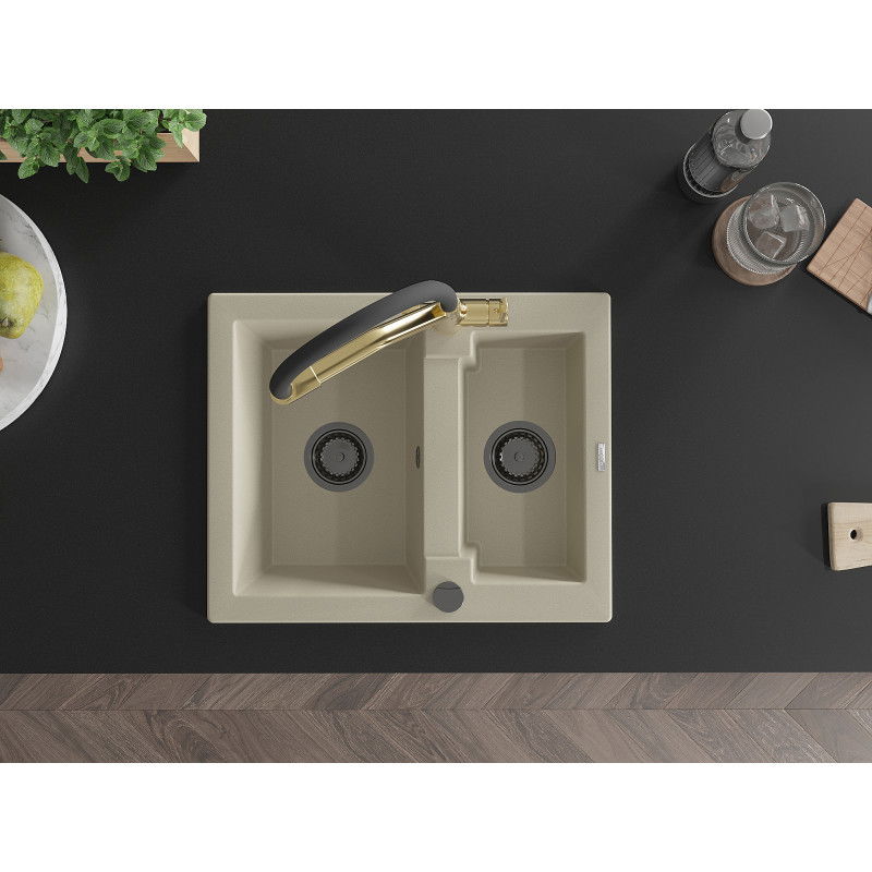 Mexen Carlos évier en granit 1,5 bac avec mitigeur de cuisine Duo, beige - 6518-69-671701-57-B