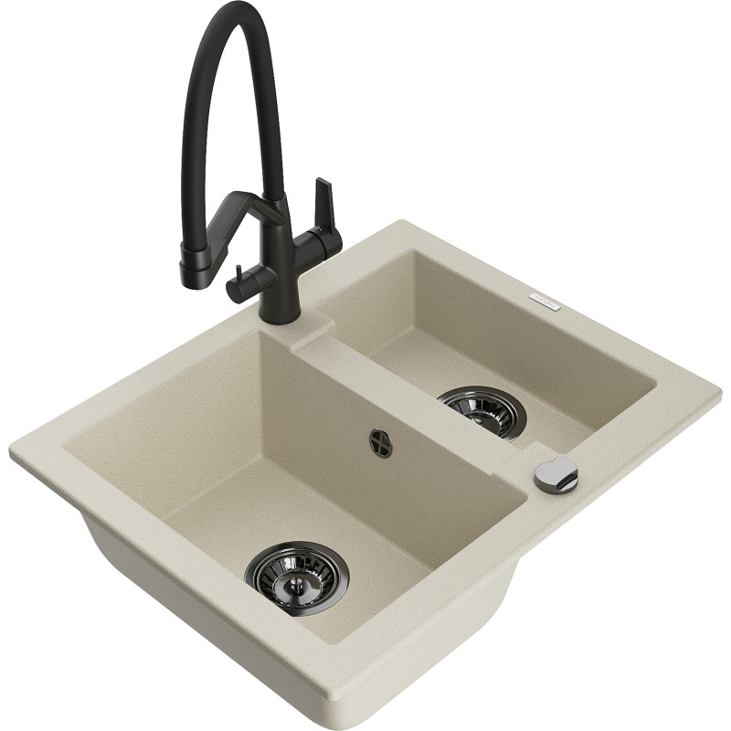 Mexen Carlos évier en granit 1,5 bassins avec robinet de cuisine Duo, beige - 6518-69-671701-70-B