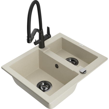 Mexen Carlos évier en granit 1,5 bassins avec robinet de cuisine Duo, beige - 6518-69-671701-70-B