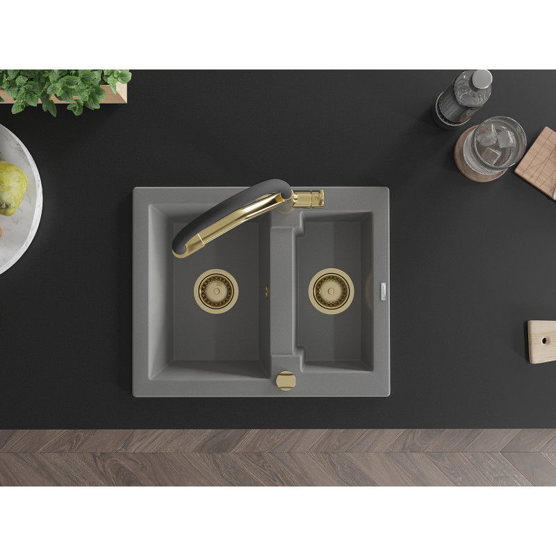 Mexen Carlos évier en granite 1,5 bac avec robinet de cuisine Duo, gris - 6518-71-671701-57-G