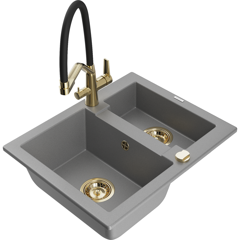 Mexen Carlos évier en granite 1,5 bac avec robinet de cuisine Duo, gris - 6518-71-671701-57-G