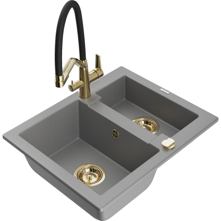 Mexen Carlos évier en granite 1,5 bac avec robinet de cuisine Duo, gris - 6518-71-671701-57-G