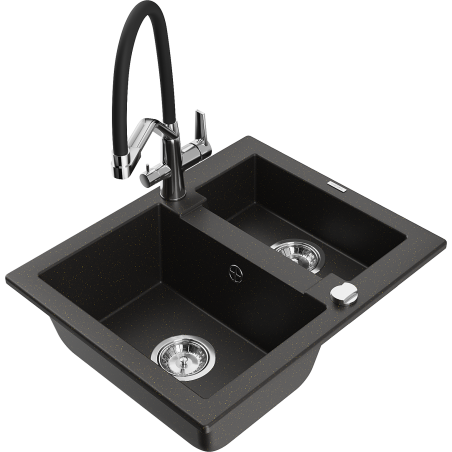 Mexen Carlos évier en granit 1,5 bac avec robinet de cuisine Duo, noir/or métallisé - 6518-75-671701-07
