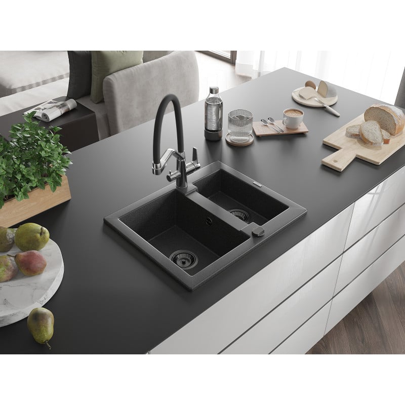 Mexen Carlos évier en granit 1,5 bac avec robinet de cuisine Duo, noir moucheté - 6518-76-671701-07-B