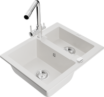 Mexen Carlos évier en granit 1,5 bassin avec robinet de cuisine Duero, blanc - 6518-20-671600-00