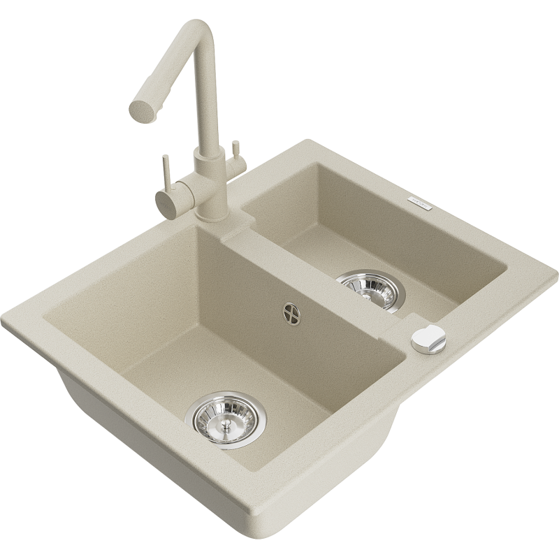 Mexen Carlos évier en granit 1,5 bac avec robinet de cuisine Duero, beige - 6518-69-671600-69