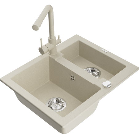Mexen Carlos évier en granit 1,5 bac avec robinet de cuisine Duero, beige - 6518-69-671600-69