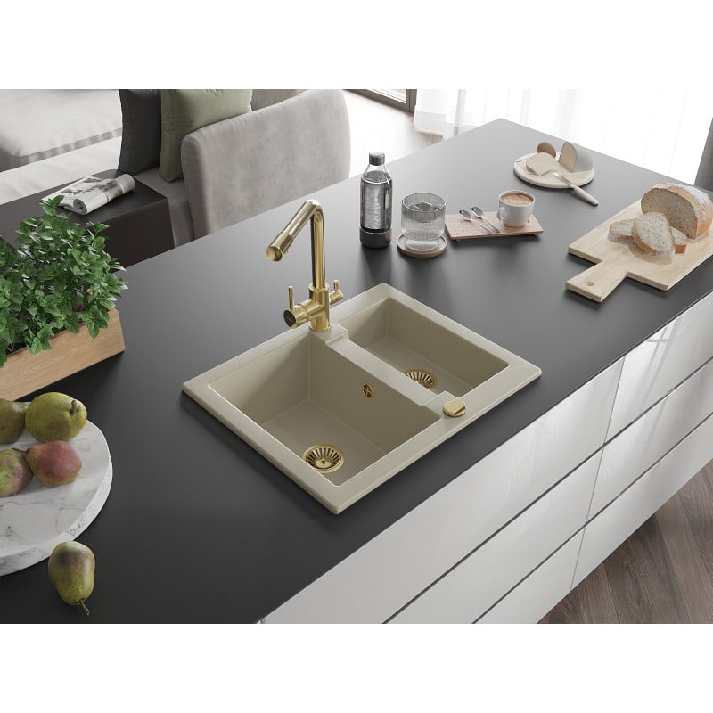 Mexen Carlos évier en granit 1,5 bac avec robinet de cuisine Duero, beige - 6518-69-671600-50