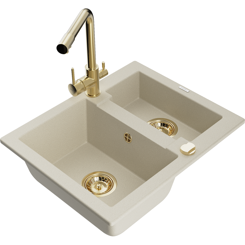 Mexen Carlos évier en granit 1,5 bac avec robinet de cuisine Duero, beige - 6518-69-671600-50