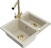 Mexen Carlos évier en granit 1,5 bac avec robinet de cuisine Duero, beige - 6518-69-671600-50