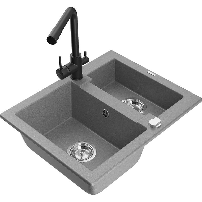 Mexen Carlos évier en granit 1,5 cuves avec robinet de cuisine Duero, gris - 6518-71-671600-70