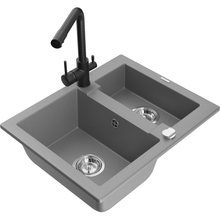 Mexen Carlos évier en granit 1,5 cuves avec robinet de cuisine Duero, gris - 6518-71-671600-70