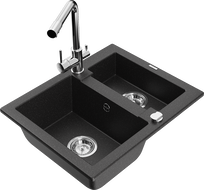 Mexen Carlos évier en granit 1,5 bac avec robinet de cuisine Duero, noir/argent métallisé - 6518-73-671600-00