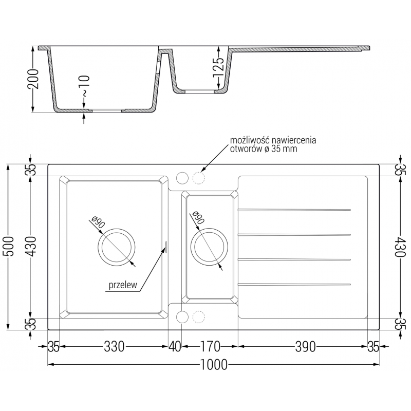 Mexen Andres évier en granit 1,5 bac avec égouttoir 1000 x 500 mm, noir, siphon chromé - 6515101510-77