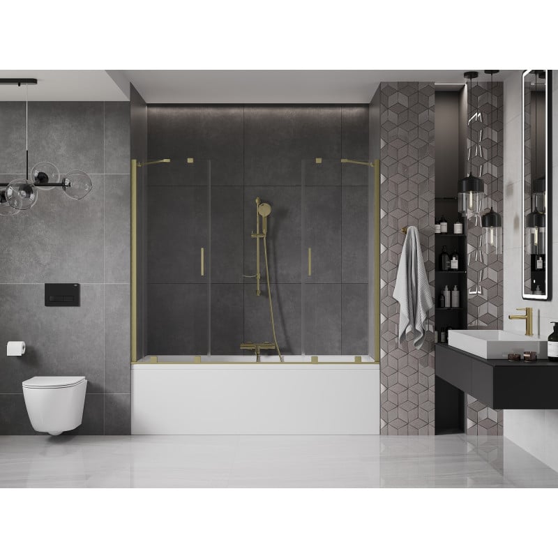 Mexen Velar Duo paroi de baignoire à 2 panneaux coulissants 170 x 150 cm, transparent, doré brossé - 896-170-000-02-55