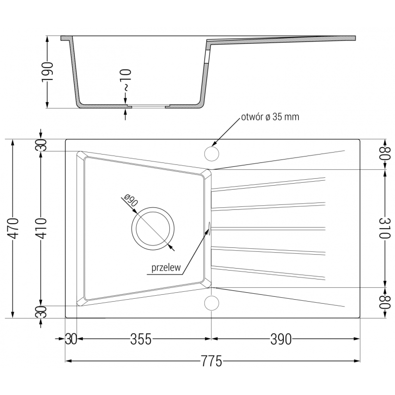Mexen Cesar Évier en granit 1 bac avec égouttoir 775 x 470 mm, blanc, siphon chromé - 6514771010-20