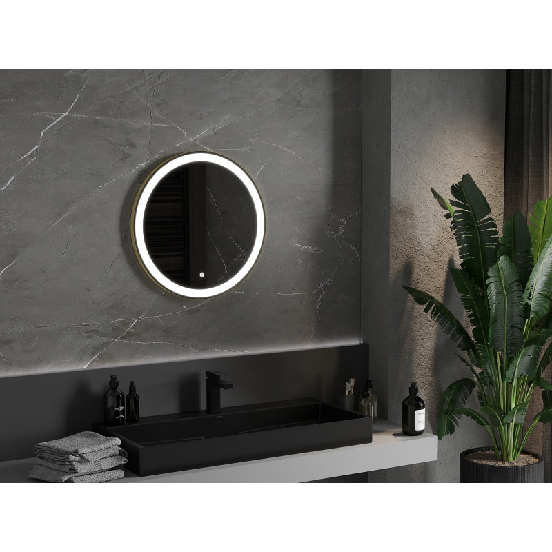 Mexen Esso Miroir de salle de bains éclairé, rond, 60 cm, LED 6000K, antibuée, cadre doré brossé - 9825-060-060-611-50