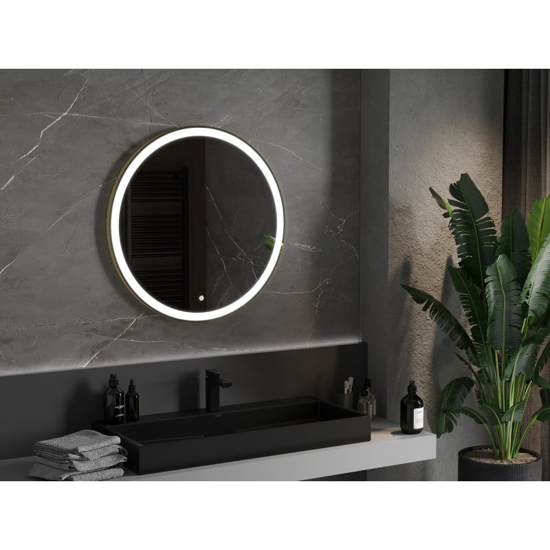 Mexen Esso miroir de salle de bains éclairé, rond 80 cm, LED 6000K, antibuée, cadre doré - 9825-080-080-611-50