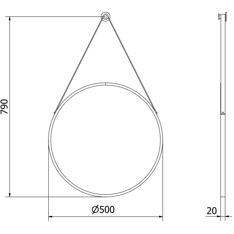 Mexen String miroir de salle de bains rond 50 cm, cadre noir - 9854-050-050-000-70