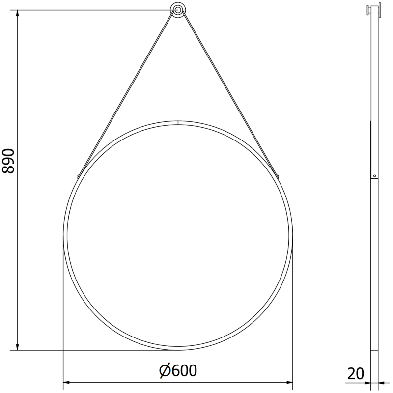 Mexen String miroir de salle de bain rond 60 cm, cadre noir - 9854-060-060-000-70