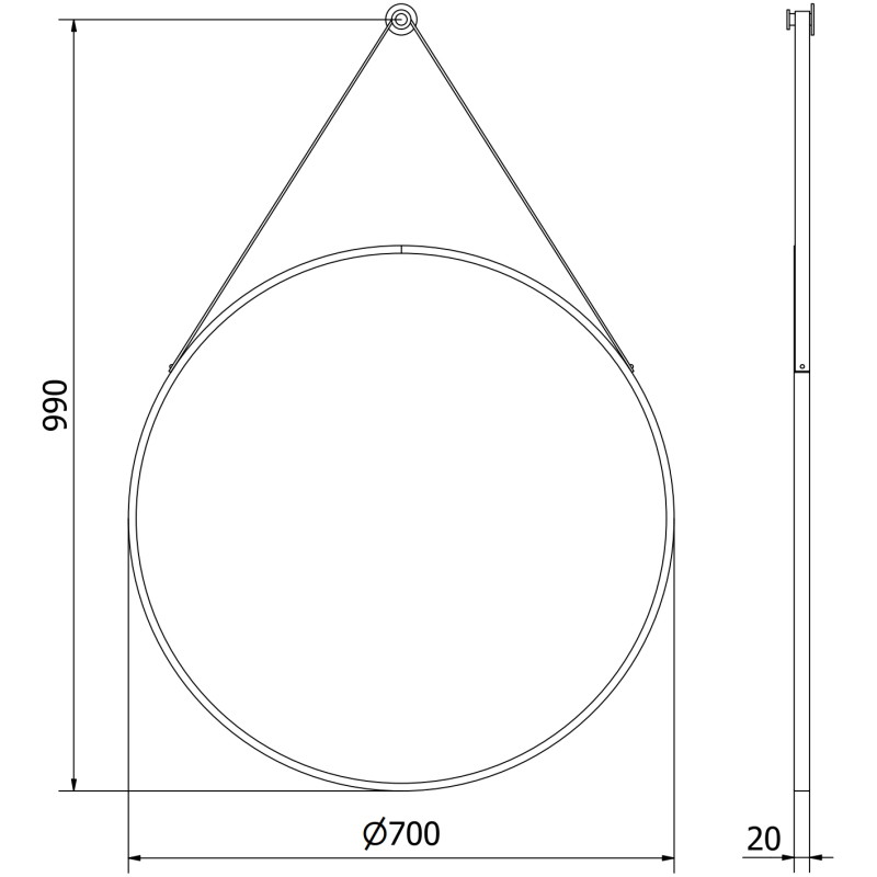 Mexen String miroir de salle de bain rond 70 cm, cadre noir - 9854-070-070-000-70