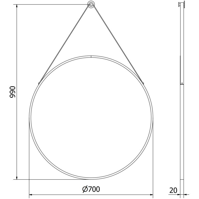 Mexen String miroir de salle de bains rond 70 cm, cadre noir - 9854-070-070-000-70