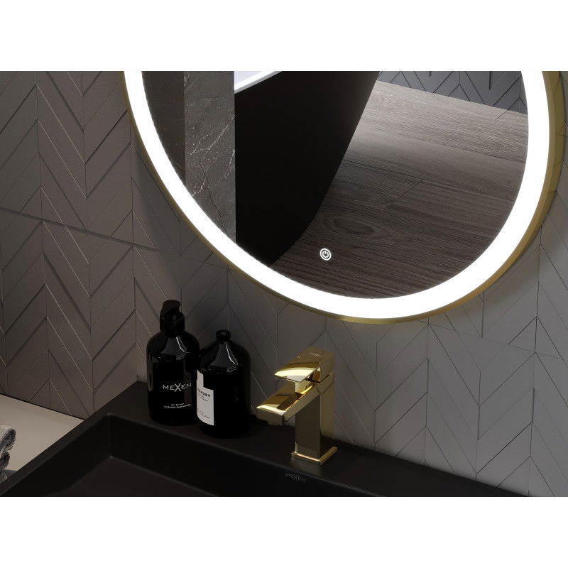 Mexen Esso miroir de salle de bains éclairé, rond 60 cm, LED 6000K, antibuée, cadre doré - 9825-060-060-611-50